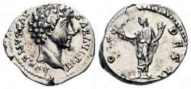Marcus Aurelius, as Caesar, 139-161. Denarius (Silver, 18 mm, 3.25 g, 7 h), Rome, 145-147. AVRELIVS CAESAR AVG PII F Bare head of Marcus Aurelius to r...