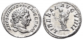 Caracalla, 198-217. Denarius (Silver, 19 mm, 2.56 g, 1 h), Rome, 214. ANTONINVS PIVS AVG GERM Laureate head of Caracalla to right. Rev. LIBERAL AVG VI...