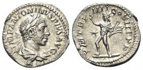Elagabalus, 218-222. Denarius (Silver, 19 mm, 3.44 g, 7 h), Rome, 221. IMP ANTONINVS PIVS AVG Laureate and draped bust of Elagabalus to right. Rev. P ...