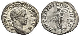 Elagabalus, 218-222. Denarius (Silver, 19 mm, 2.22 g, 5 h), Rome, 221. IMP ANTONINVS PIVS AVG Laureate head of Elagabalus to right. Rev. P M TR P IIII...
