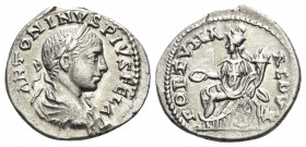 Elagabalus, 218-222. Denarius (Silver, 19.5 mm, 3.12 g, 1 h), Antioch, 218-219. ANTONINVS PIVS FEL AVG Laureate, draped and cuirassed bust of Elagabal...
