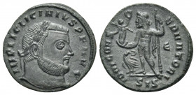 Licinius I, 308-324. Follis (Bronze, 21 mm, 3.53 g, 12 h), Siscia, 5th officina (E), 313-315. IMP LIC LICINIVS P F AVG Laureate head of Licinius I to ...