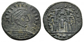 Late Roman imitations, early-4th century. Follis (Bronze, 18.5 mm, 2.90 g, 6 h), imitating Constantine I or Licinius I. IIIIIIIIIIIIIISOC Diademed, he...