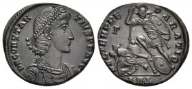 Constantius II, 337-361. Centenionalis (Bronze, 21 mm, 5.92 g, 11 h), Antioch, 4th officina (Δ), 350-355. D N CONSTAN-TIVS P F AVG Pearl-diademed, dra...