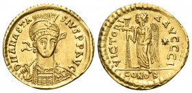 Anastasius I, 491-518. Solidus (Gold, 20.5 mm, 4.49 g, 5 h), Constantinople, 10th officina (I), 492-507. D N ANASTA-SIVS P P AVG Helmeted and cuirasse...