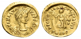 Anastasius I, 491-518. Tremissis (Gold, 14 mm, 1.35 g, 6 h), Constantinople, 492-518. D N ANASTA-SIVS P P AVG Diademed, draped and cuirassed bust of A...
