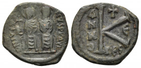 Justin II, with Sophia, 565-578. Half Follis (Bronze, 22 mm, 5.07 g, 5 h), Thessalonica, year 5 = 569-570. D N IVSTI-NVS PP AVI Justin II, holding glo...