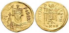 Phocas, 602-610. Solidus (Gold, 20 mm, 4.12 g, 6 h), Constantinople, 8th officina (H), 607-610. d N FOCAS PERP AVI Crowned, draped and cuirassed bust ...