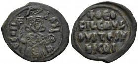 Theophilus, 829-842. Follis (Bronze, 32 mm, 7.47 g, 6 h), Constantinople, 830/1-842. ΘEOFI ЬASI Three-quarter length bust of Theophilus facing, wearin...