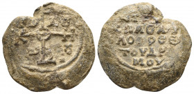 BYZANTINE SEALS. Leo imperial spatharios and logothetes tou dromou, circa 8th century. Seal or Bulla (Lead, 28 mm, 18.08 g, 12 h). Cruciform monogram ...