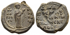 BYZANTINE SEALS. Michael Makrembolites, 1075-1125. Seal or Bulla (Lead, 23 mm, 13.61 g, 1 h). MHP- ΘOY / H A/ΓΙΟ-CO/PI/TH/CA The Virgin Mary in the ty...