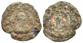 AXUM. Ouazebas, late 4th-early 5th century. (Copper, 18 mm, 1.44 g, 12 h). ⧾ OYAZHBAC BACIΛEVC ("King Ouazebas") draped bust to right, wearing headclo...