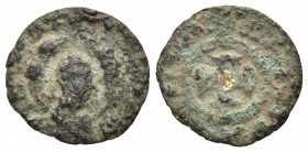 AXUM. MHDYS, Circa 450-460. (Copper, 14 mm, 0.90 g). "MHDYS King of Aksum" (legend in Ge'ez) around draped bust to right, wearing headcloth, flanked b...