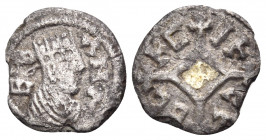 AXUM. Ebana. Circa 460-480. (Silver, 13 mm, 0.53 g). EBΛNΛ crowned and draped bust to right; within several circular borders. Rev. BCΛCIΛEY cross-cros...