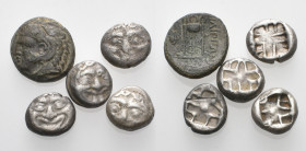 GREEK. Circa 5th-2nd centuries BC. (Silver/Bronze, 16.81 g). A lot of Five (5) Greek silver and bronze coins, including four Drachms from Parion. Most...
