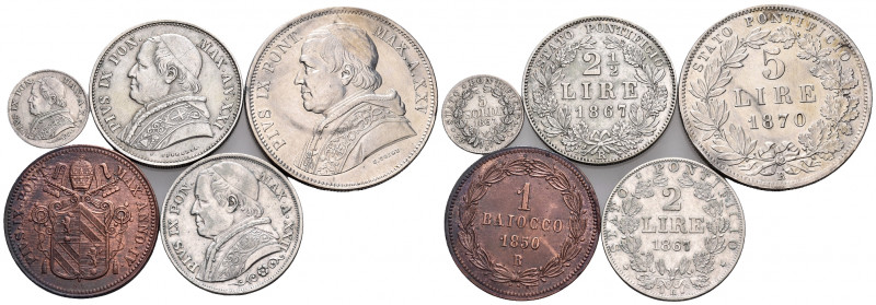 WORLD. Papal States, Pius IX. (Silver/Bronze, 59.32 g). Lot of Five coins in sil...