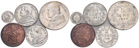WORLD. Papal States, Pius IX. (Silver/Bronze, 59.32 g). Lot of Five coins in silver and bronze, including a 5 Lire dated 1870, a 2 1/2 Lire, a 2 Lire,...