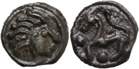 Celtic World. Northwest Gaul, Senones. Potin Unit, c. 100-50 BC. Obv. Celtic head right. Rev. Abstract horse left; pellet to left and below. Depeyrot,...