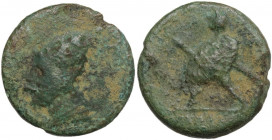 Greek Italy. North-eastern Italy, Ariminum. AE Obol or Quartuncia, c. 268-240 BC. Obv. Head of Vulcan left, wearing pileus. Rev. Warrior advancing lef...
