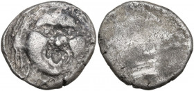 Greek Italy. Etruria, Populonia. AR 20-Asses, 3rd century BC. Obv. Facing head of Metus, tongue protruding, hair bound with diadem; below, X [X]. Rev....