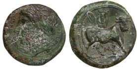 Greek Italy. Samnium, Southern Latium and Northern Campania, Cales. AE 20.5 mm, c. 265-240 BC. Obv. CALENO. Laureate head of Apollo left; behind, thun...