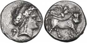 Greek Italy. Central and Southern Campania, Neapolis. AR Nomos, c. 320-300 BC. Obv. Head of female right; grape bunch behind neck; ΔIOΦANOYΣ below. Re...