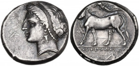 Greek Italy. Central and Southern Campania, Neapolis. AR Nomos, c. 317-300 BC. Obv. Head of female left. Rev. Man-headed bull standing left, head faci...
