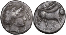 Greek Italy. Central and Southern Campania, Neapolis. AR Didrachm, c. 317-300 BC. Obv. Head of female right; four dolphins around. Rev. Man-headed bul...