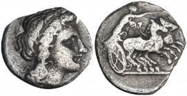 Greek Italy. Central and Southern Campania, Neapolis. AR Triobol, c. 300-275 BC. Obv. Laureate head of Apollo right. Rev. Victory driving biga right. ...