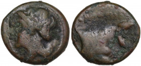 Greek Italy. Central and Southern Campania, Neapolis. AE 13.5 mm, c. 300-275 BC. Obv. Laureate head of Apollo left. Rev. NEOΠOΛITΩN. Forepart of man-f...