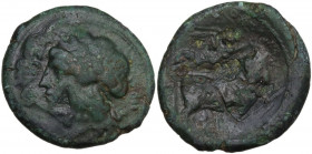 Greek Italy. Central and Southern Campania, Neapolis. AE 23 mm, c. 275-250. Overstruck on Cales bronze. Obv. Head of Apollo left; behind, E. Rev. Man-...