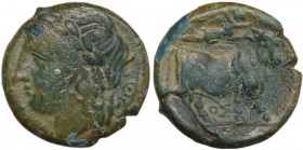 Greek Italy. Central and Southern Campania, Neapolis. AE. Obv. ΝΕΟΠΟΛΙΤΩΝ. Laureate head of Apollo left; behind, Θ. Rev. Forepart of man-faced bull ri...