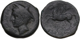 Greek Italy. Eastern Italy, Frentani. AE 21 mm, c. mid. 3rd Century. Obv. Head of Hermes left; before, FRENTREI; [behind, caduceus]. Rev. Pegasus flyi...