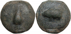 Greek Italy. Northern Apulia, Luceria. Heavy series. AE Cast Uncia, c. 225-217 BC. Obv. Frog. Rev. Corn-ear; to left, pellet. HN Italy 674; Vecchi ICC...