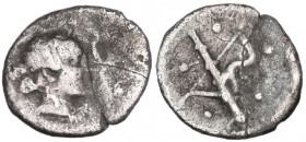 Greek Italy. Southern Apulia, Tarentum. AR Obol - Pentonkion, c. 425/20-380 BC. Obv. Bare head of Athena right, set on aegis. Rev. Club and strung bow...