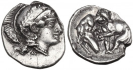 Greek Italy. Southern Apulia, Tarentum. AR Diobol, c. 380-344 BC. Obv. Head of Athena right, wearing wreathed and crested Attic helmet. Rev. Herakles ...