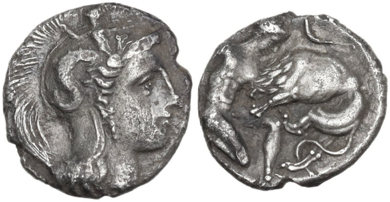 Greek Italy. Southern Apulia, Tarentum. AR Diobol, c. 325-280 BC. Obv. Helmeted ...