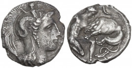 Greek Italy. Southern Apulia, Tarentum. AR Diobol, c. 325-280 BC. Obv. Helmeted head of Athena right, helmet decorated with Scylla hurling stone. Rev....