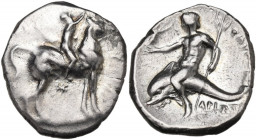 Greek Italy. Southern Apulia, Tarentum. AR Nomos, c. 280-272 BC. Philokra- and Aristo-, magistrates. Obv. Youth on horseback right, crowning horse wit...