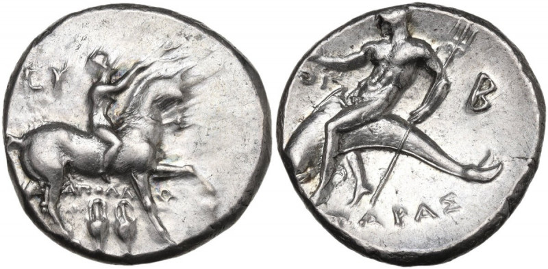 Greek Italy. Southern Apulia, Tarentum. AR Nomos, c. 280-272 BC. Apollo, Eu-, an...