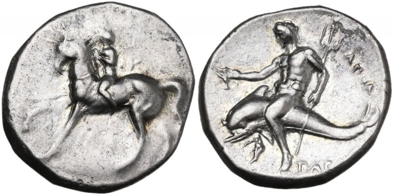 Greek Italy. Southern Apulia, Tarentum. AR Nomos, c. 280-272 BC. Apollo, Eu-, an...