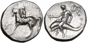 Greek Italy. Southern Apulia, Tarentum. AR Nomos, c. 280-272 BC. Apollo, Eu-, and Thi-, magistrates. Obv. Youth on horseback left, holding reins and c...
