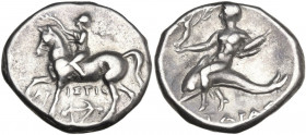 Greek Italy. Southern Apulia, Tarentum. AR Nomos, c. 272-240 BC. Aristis, magistrate. Obv. Youth on horseback right, crowning horse; below, anchor. Re...