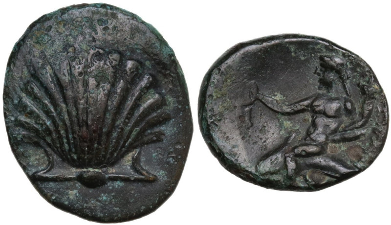 Greek Italy. Southern Apulia, Tarentum. AE 14 mm, c. 275-200 BC. Obv. Cockle she...