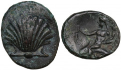Greek Italy. Southern Apulia, Tarentum. AE 14 mm, c. 275-200 BC. Obv. Cockle shell. Rev. TAPAN. Taras astride dolphin left, holding kantharos in right...