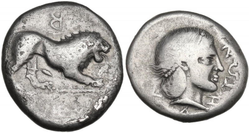 Greek Italy. Northern Lucania, Velia. AR Didrachm, c. 400-340 BC. Obv. Lion crou...