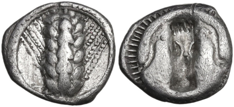 Greek Italy. Southern Lucania, Metapontum. AR Triobol, c. 470-440 BC. Obv. ME-TA...