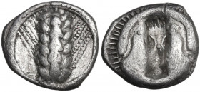 Greek Italy. Southern Lucania, Metapontum. AR Triobol, c. 470-440 BC. Obv. ME-TA. Barley ear with six grains. Rev. Incuse bull's head. HN Italy 1487; ...