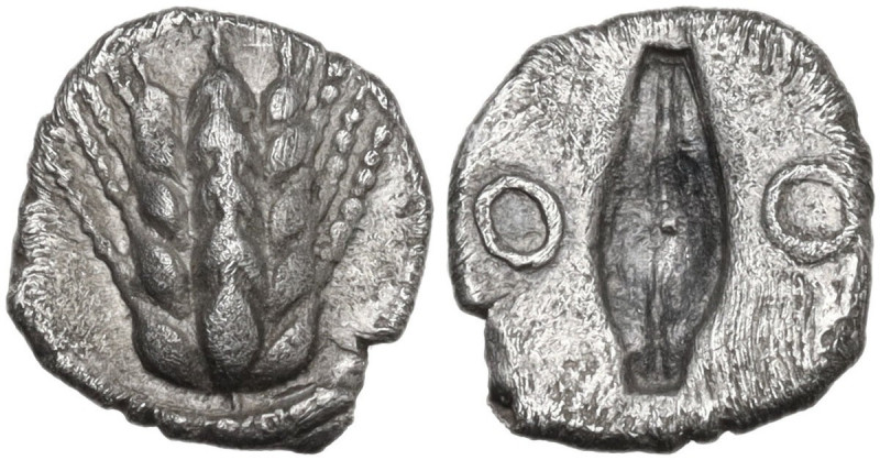 Greek Italy. Southern Lucania, Metapontum. AR Obol, c. 470-440 BC. Obv. Ear of b...