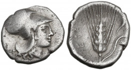 Greek Italy. Southern Lucania, Metapontum. AR Diobol, c. 325-275. Obv. [METAΠONTI]NΩN. Head of Athena right, wearing crested Corinthian helmet. Rev. M...
